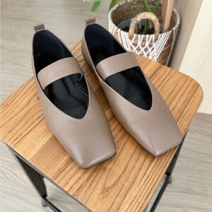 Tony Bianco Taupe Square-Toe Mary Jane Flats in a khaki color